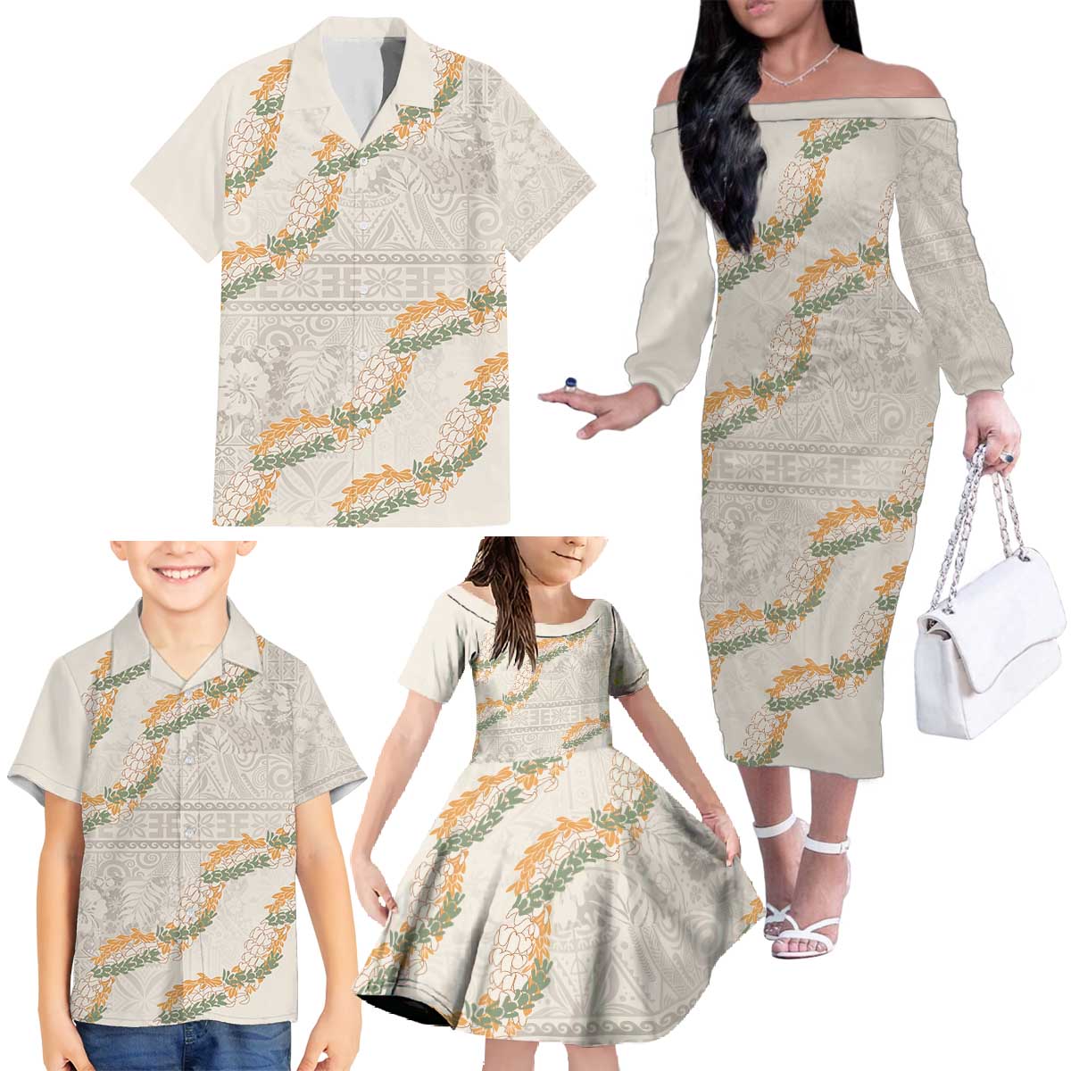 Aloha Pakalana and Puakenikeni Lei Family Matching Off The Shoulder Long Sleeve Dress and Hawaiian Shirt Beige Hawaiian Pattern