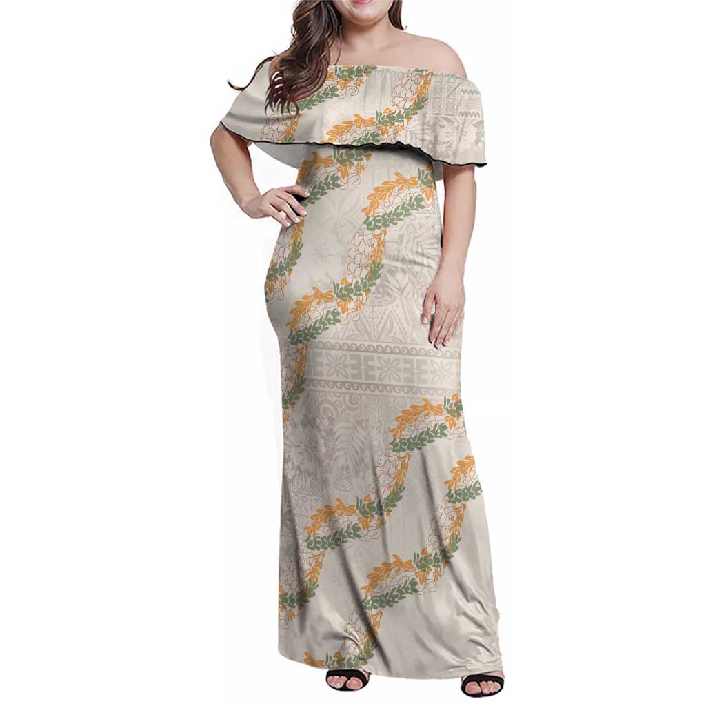 Aloha Pakalana and Puakenikeni Lei Family Matching Off Shoulder Maxi Dress and Hawaiian Shirt Beige Hawaiian Pattern LT9 Mom's Dress Beige - Polynesian Pride