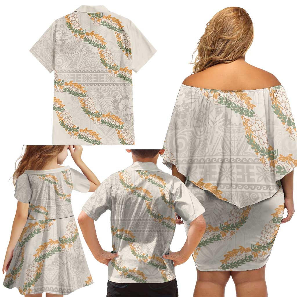Aloha Pakalana and Puakenikeni Lei Family Matching Off Shoulder Short Dress and Hawaiian Shirt Beige Hawaiian Pattern LT9 - Polynesian Pride