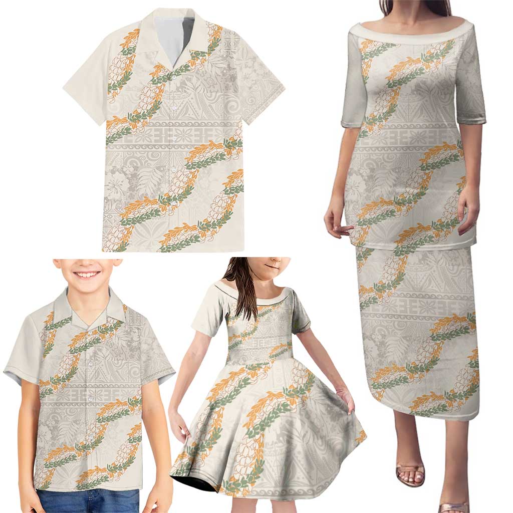 Aloha Pakalana and Puakenikeni Lei Family Matching Puletasi and Hawaiian Shirt Beige Hawaiian Pattern