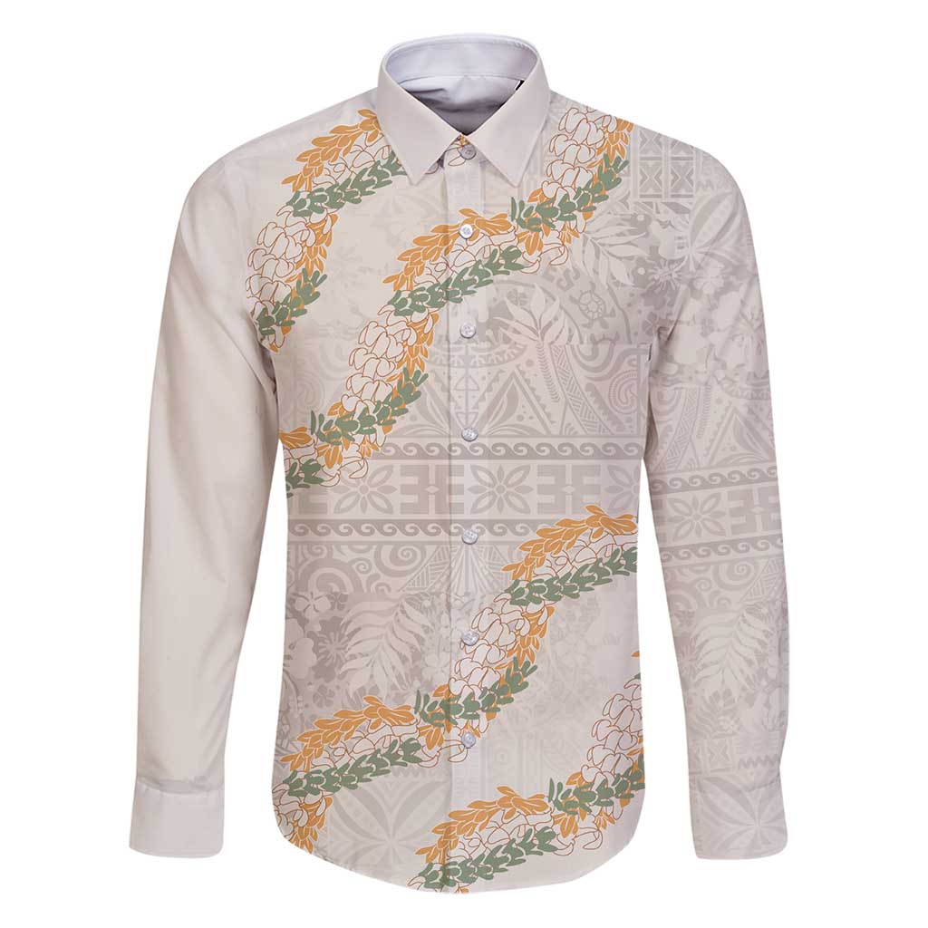 Aloha Pakalana and Puakenikeni Lei Family Matching Puletasi and Hawaiian Shirt Beige Hawaiian Pattern LT9 Dad's Shirt - Long Sleeve Beige - Polynesian Pride