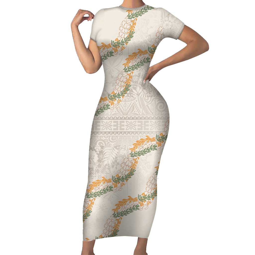 Aloha Pakalana and Puakenikeni Lei Family Matching Short Sleeve Bodycon Dress and Hawaiian Shirt Beige Hawaiian Pattern LT9 Mom's Dress Beige - Polynesian Pride