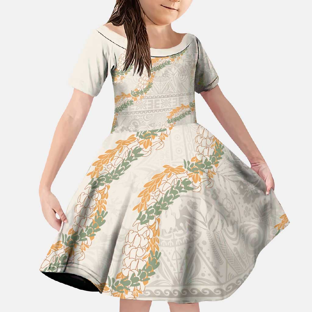 Aloha Pakalana and Puakenikeni Lei Family Matching Summer Maxi Dress and Hawaiian Shirt Beige Hawaiian Pattern LT9 Daughter's Dress Beige - Polynesian Pride