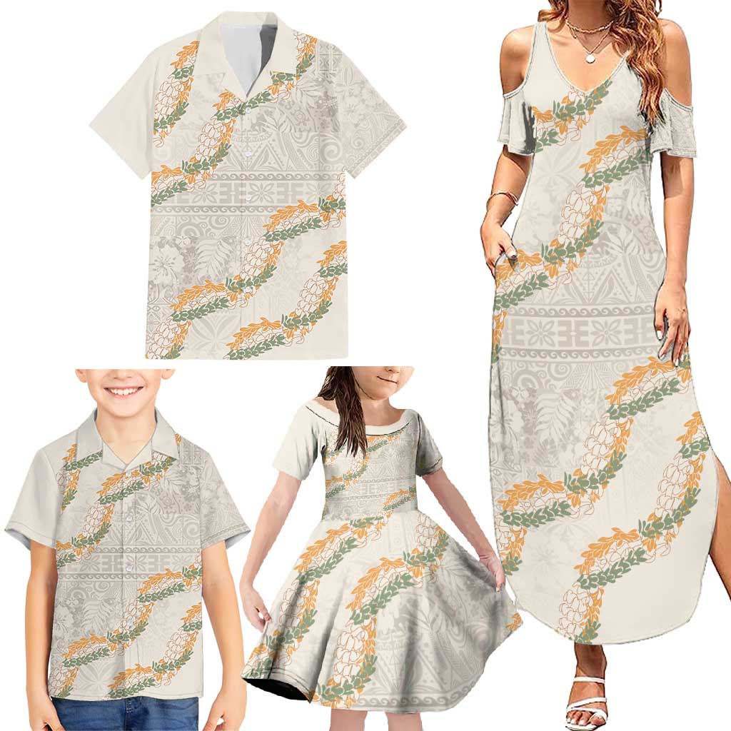 Aloha Pakalana and Puakenikeni Lei Family Matching Summer Maxi Dress and Hawaiian Shirt Beige Hawaiian Pattern LT9 - Polynesian Pride