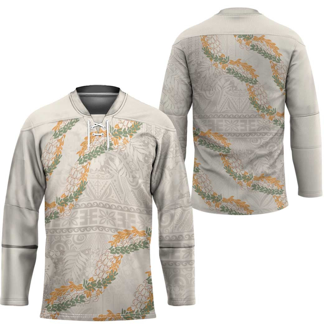 Aloha Pakalana and Puakenikeni Lei Hockey Jersey Beige Hawaiian Pattern - Polynesian Pride