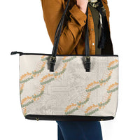 Aloha Pakalana and Puakenikeni Lei Leather Tote Bag Beige Hawaiian Pattern
