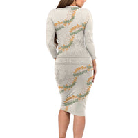 Aloha Pakalana and Puakenikeni Lei Long Sleeve Bodycon Dress Beige Hawaiian Pattern