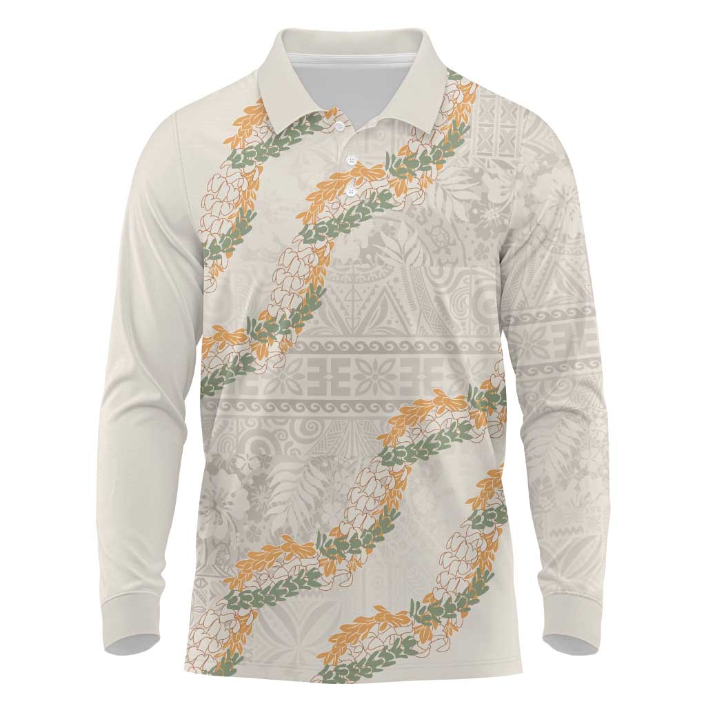 Aloha Pakalana and Puakenikeni Lei Long Sleeve Polo Shirt Beige Hawaiian Pattern