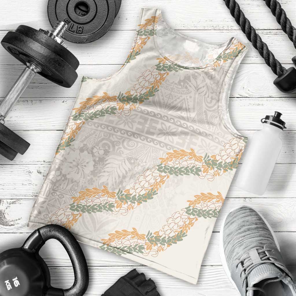 Aloha Pakalana and Puakenikeni Lei Men Tank Top Beige Hawaiian Pattern LT9 - Polynesian Pride