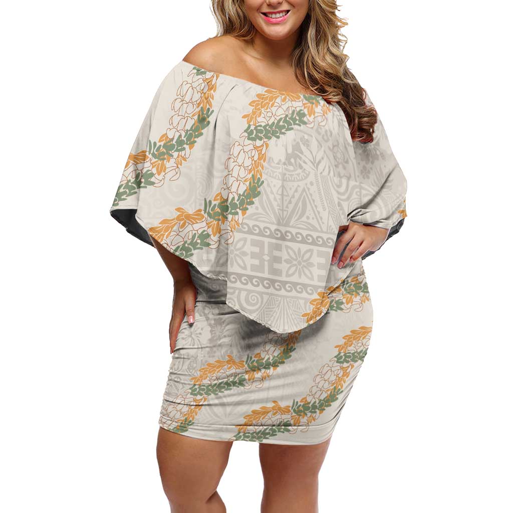 Aloha Pakalana and Puakenikeni Lei Off Shoulder Short Dress Beige Hawaiian Pattern