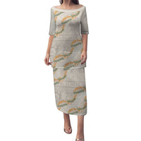 Aloha Pakalana and Puakenikeni Lei Puletasi Beige Hawaiian Pattern