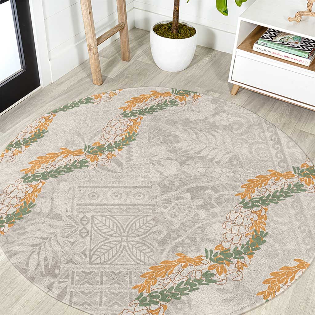Aloha Pakalana and Puakenikeni Lei Round Carpet Beige Hawaiian Pattern