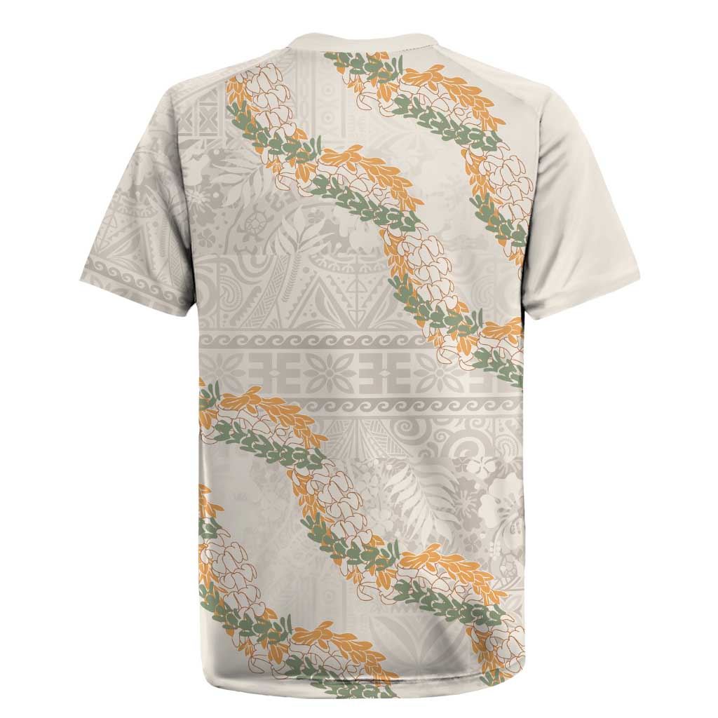 Aloha Pakalana and Puakenikeni Lei Rugby Jersey Beige Hawaiian Pattern