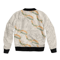Aloha Pakalana and Puakenikeni Lei Sleeve Zip Bomber Jacket Beige Hawaiian Pattern