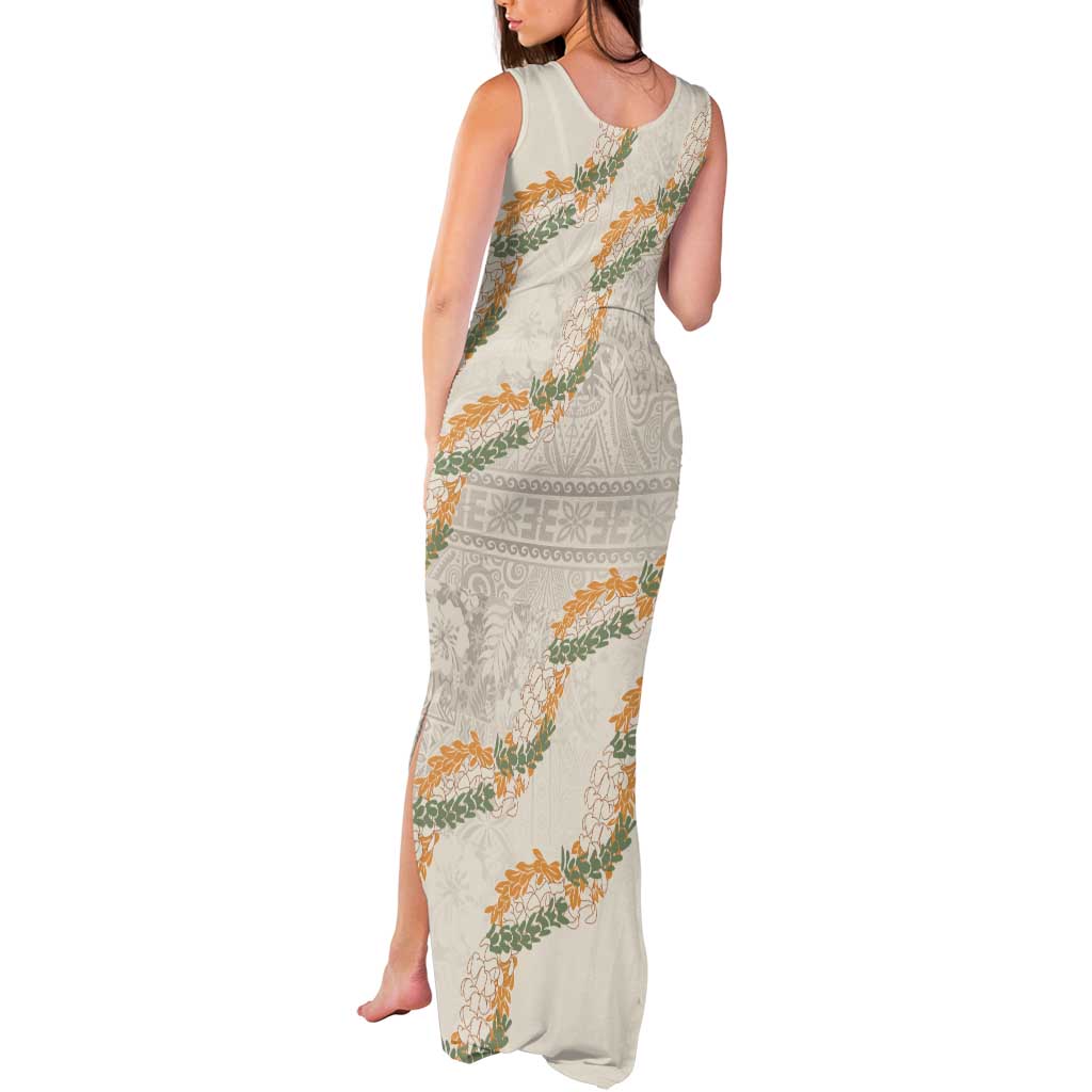 Aloha Pakalana and Puakenikeni Lei Tank Maxi Dress Beige Hawaiian Pattern