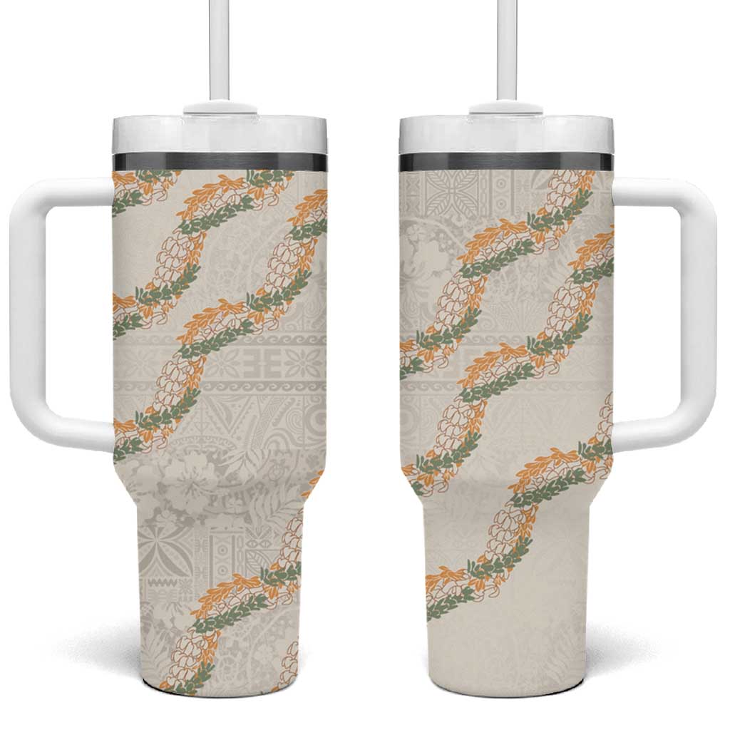 Aloha Pakalana and Puakenikeni Lei Tumbler With Handle Beige Hawaiian Pattern