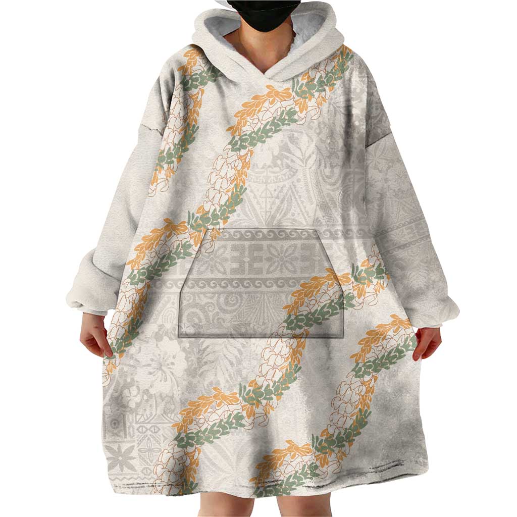 Aloha Pakalana and Puakenikeni Lei Wearable Blanket Hoodie Beige Hawaiian Pattern