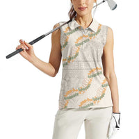 Aloha Pakalana and Puakenikeni Lei Women Sleeveless Polo Shirt Beige Hawaiian Pattern