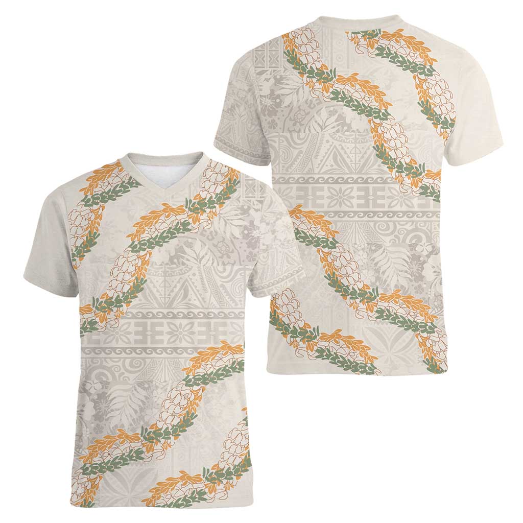 Aloha Pakalana and Puakenikeni Lei Women V-Neck T-Shirt Beige Hawaiian Pattern