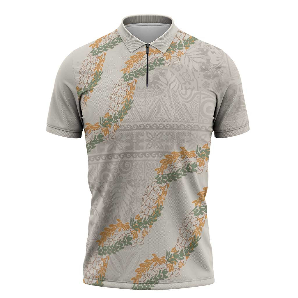 Aloha Pakalana and Puakenikeni Lei Zipper Polo Shirt Beige Hawaiian Pattern - Polynesian Pride