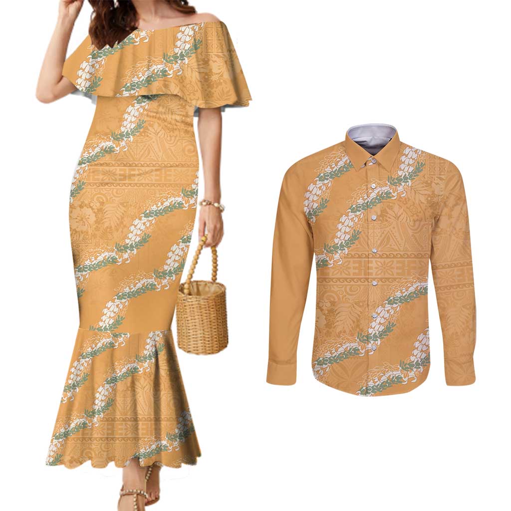 Aloha Pakalana and Puakenikeni Lei Couples Matching Mermaid Dress and Long Sleeve Button Shirt Gold Hawaiian Pattern
