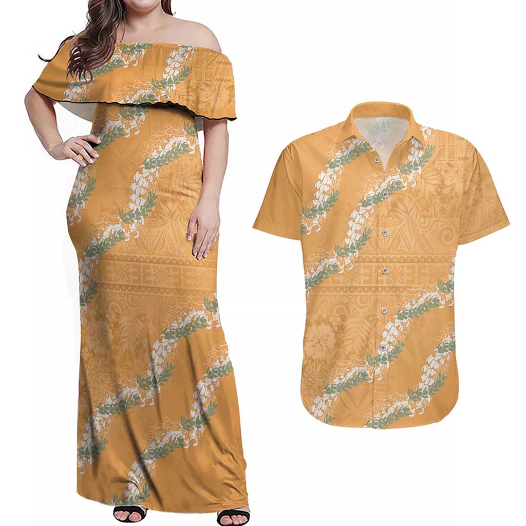 Aloha Pakalana and Puakenikeni Lei Couples Matching Off Shoulder Maxi Dress and Hawaiian Shirt Gold Hawaiian Pattern