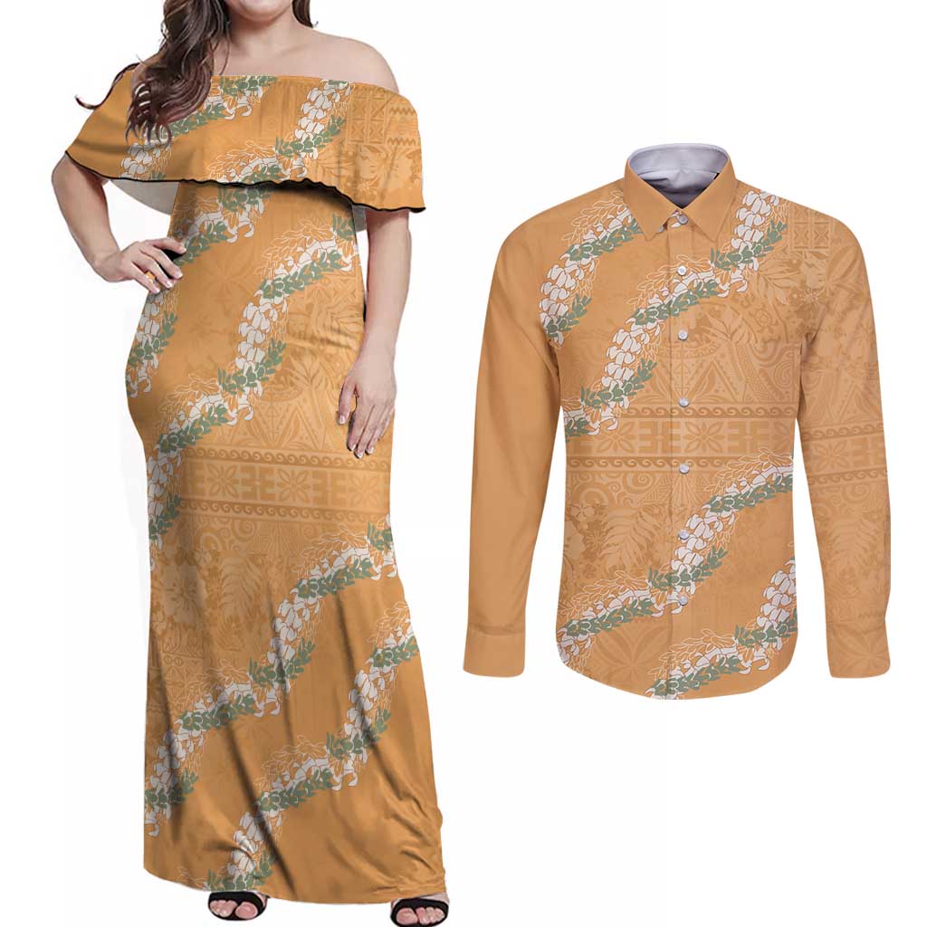 Aloha Pakalana and Puakenikeni Lei Couples Matching Off Shoulder Maxi Dress and Long Sleeve Button Shirt Gold Hawaiian Pattern LT9 Gold - Polynesian Pride