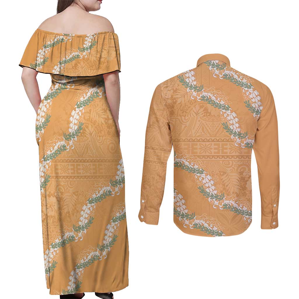 Aloha Pakalana and Puakenikeni Lei Couples Matching Off Shoulder Maxi Dress and Long Sleeve Button Shirt Gold Hawaiian Pattern LT9 - Polynesian Pride