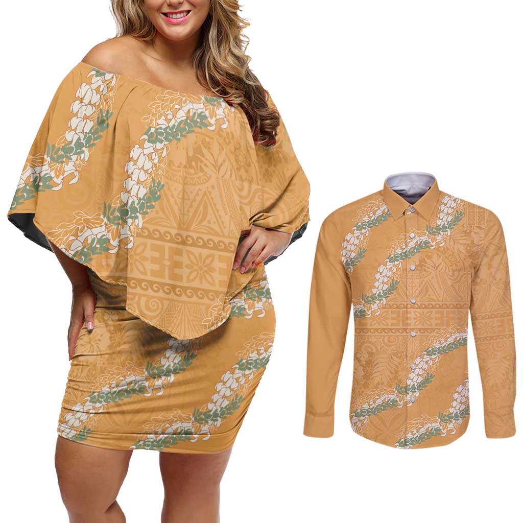 Aloha Pakalana and Puakenikeni Lei Couples Matching Off Shoulder Short Dress and Long Sleeve Button Shirt Gold Hawaiian Pattern LT9 Gold - Polynesian Pride