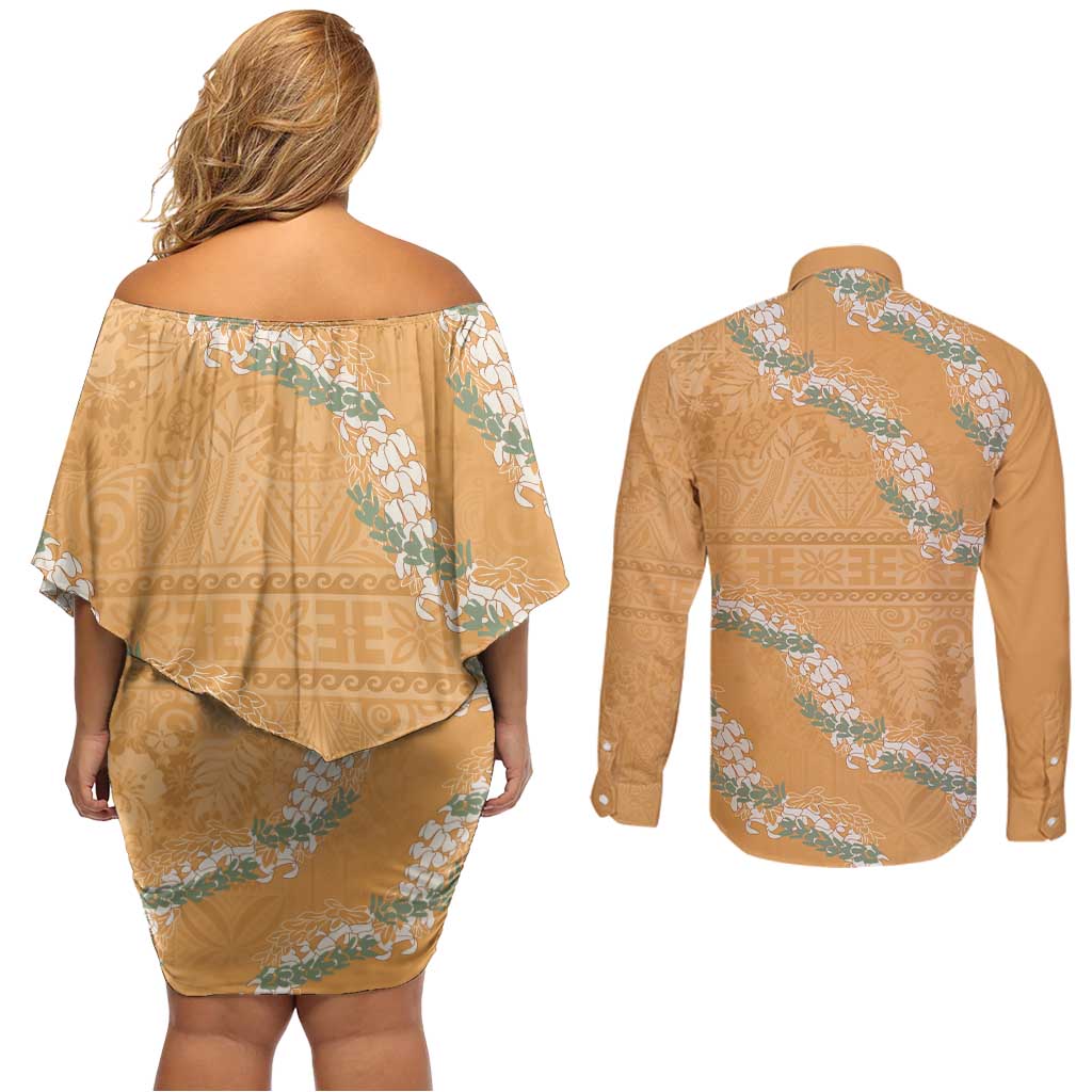 Aloha Pakalana and Puakenikeni Lei Couples Matching Off Shoulder Short Dress and Long Sleeve Button Shirt Gold Hawaiian Pattern LT9 - Polynesian Pride