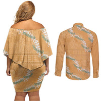 Aloha Pakalana and Puakenikeni Lei Couples Matching Off Shoulder Short Dress and Long Sleeve Button Shirt Gold Hawaiian Pattern LT9 - Polynesian Pride