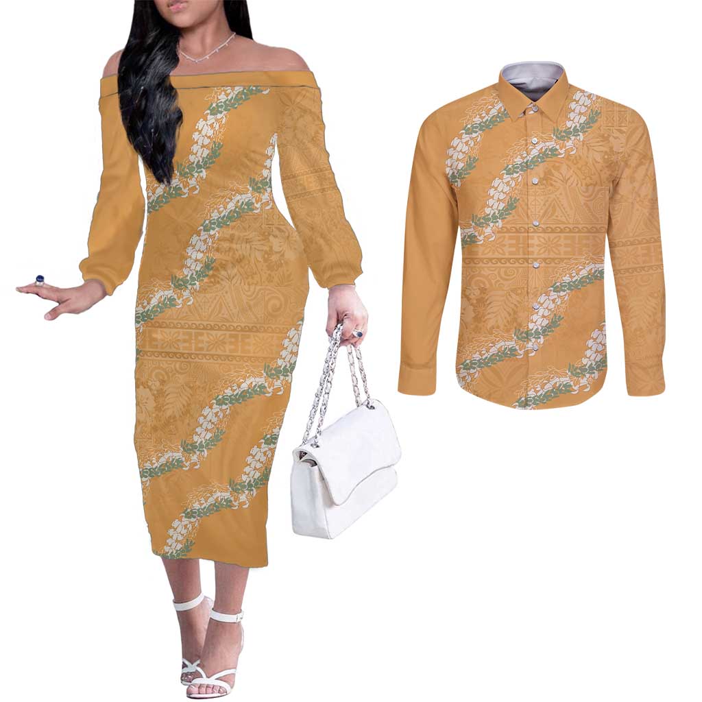 Aloha Pakalana and Puakenikeni Lei Couples Matching Off The Shoulder Long Sleeve Dress and Long Sleeve Button Shirt Gold Hawaiian Pattern
