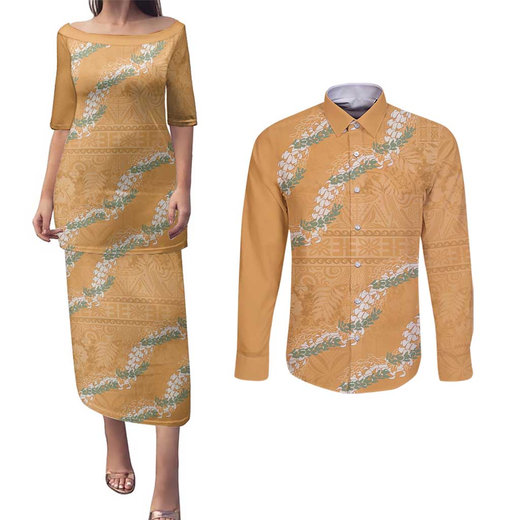 Aloha Pakalana and Puakenikeni Lei Couples Matching Puletasi and Long Sleeve Button Shirt Gold Hawaiian Pattern