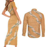 Aloha Pakalana and Puakenikeni Lei Couples Matching Short Sleeve Bodycon Dress and Long Sleeve Button Shirt Gold Hawaiian Pattern