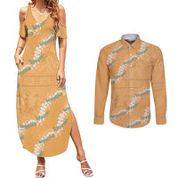 Aloha Pakalana and Puakenikeni Lei Couples Matching Summer Maxi Dress and Long Sleeve Button Shirt Gold Hawaiian Pattern LT9 Gold - Polynesian Pride