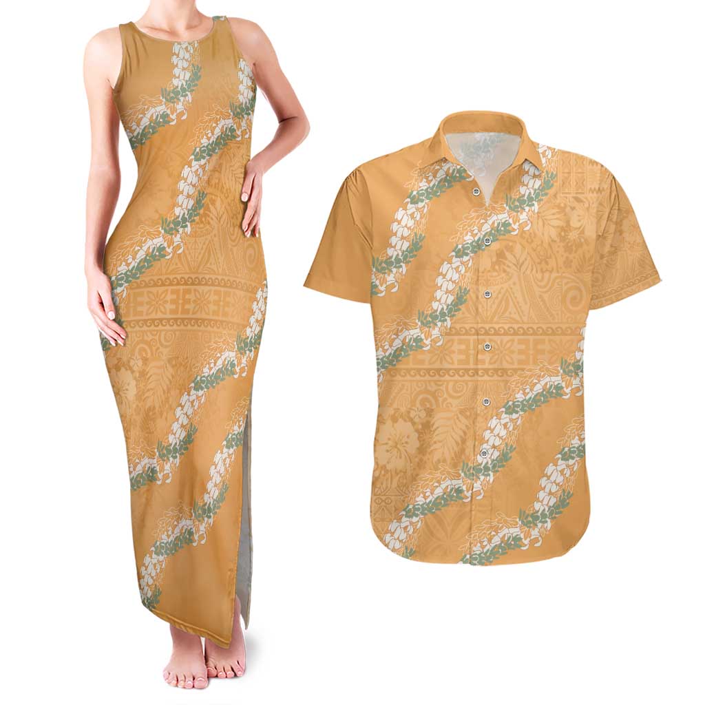 Aloha Pakalana and Puakenikeni Lei Couples Matching Tank Maxi Dress and Hawaiian Shirt Gold Hawaiian Pattern