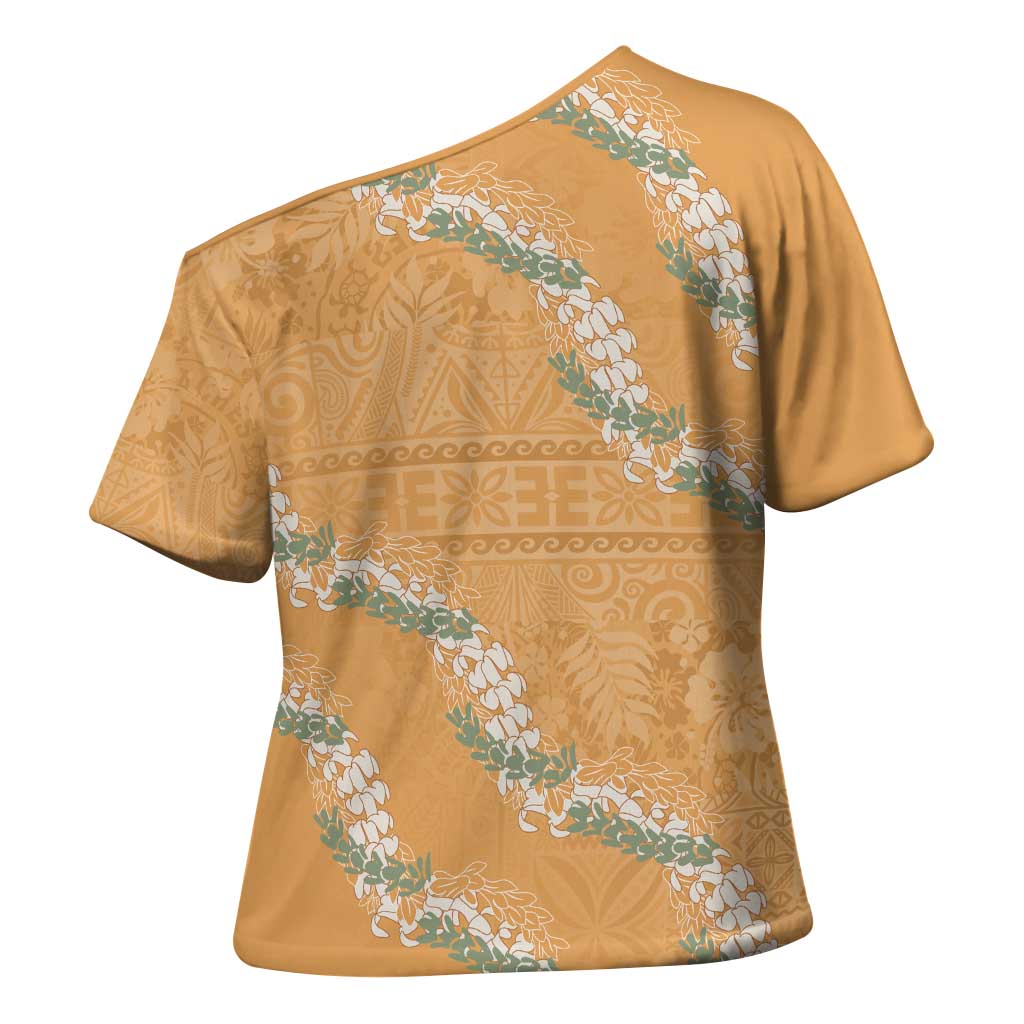 Aloha Pakalana and Puakenikeni Lei Cross Shoulder Shirt Gold Hawaiian Pattern - Polynesian Pride