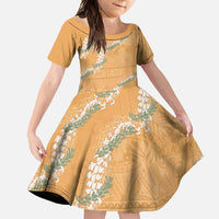 Aloha Pakalana and Puakenikeni Lei Family Matching Long Sleeve Bodycon Dress and Hawaiian Shirt Gold Hawaiian Pattern LT9 Daughter's Dress Gold - Polynesian Pride