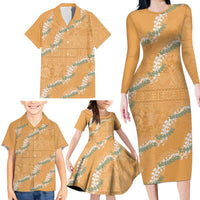 Aloha Pakalana and Puakenikeni Lei Family Matching Long Sleeve Bodycon Dress and Hawaiian Shirt Gold Hawaiian Pattern LT9 - Polynesian Pride