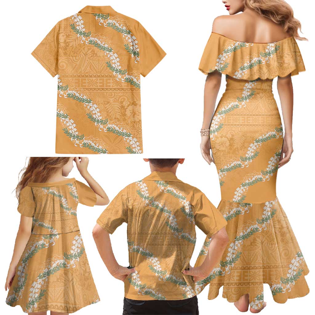 Aloha Pakalana and Puakenikeni Lei Family Matching Mermaid Dress and Hawaiian Shirt Gold Hawaiian Pattern