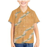 Aloha Pakalana and Puakenikeni Lei Family Matching Mermaid Dress and Hawaiian Shirt Gold Hawaiian Pattern