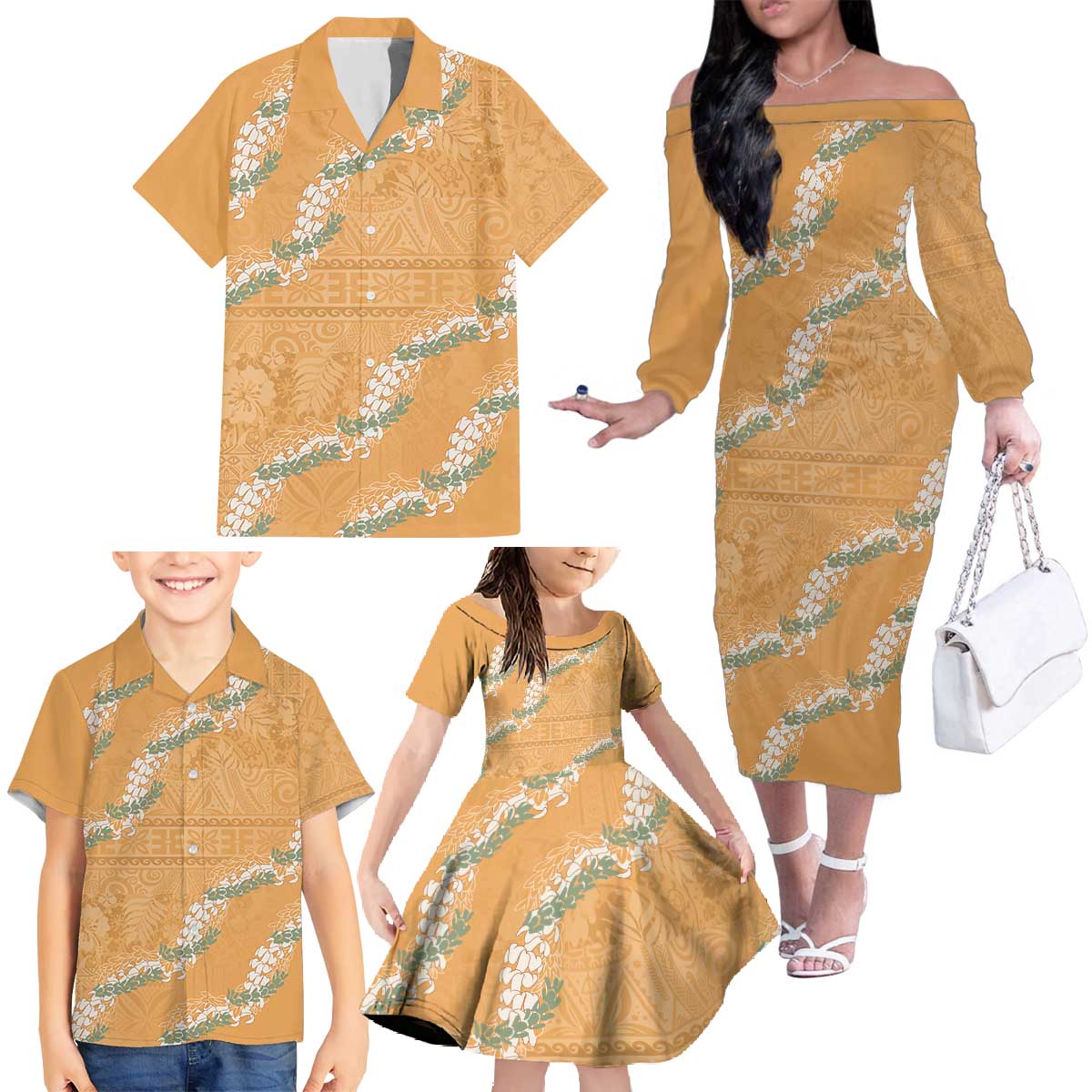 Aloha Pakalana and Puakenikeni Lei Family Matching Off The Shoulder Long Sleeve Dress and Hawaiian Shirt Gold Hawaiian Pattern