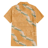 Aloha Pakalana and Puakenikeni Lei Family Matching Off The Shoulder Long Sleeve Dress and Hawaiian Shirt Gold Hawaiian Pattern