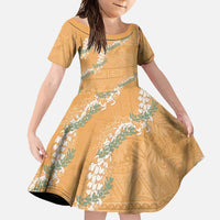 Aloha Pakalana and Puakenikeni Lei Family Matching Off Shoulder Maxi Dress and Hawaiian Shirt Gold Hawaiian Pattern LT9 Daughter's Dress Gold - Polynesian Pride