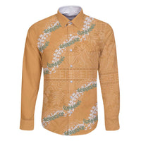 Aloha Pakalana and Puakenikeni Lei Family Matching Off Shoulder Maxi Dress and Hawaiian Shirt Gold Hawaiian Pattern LT9 Dad's Shirt - Long Sleeve Gold - Polynesian Pride