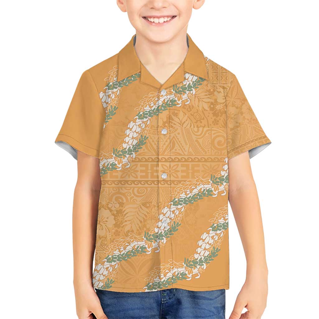 Aloha Pakalana and Puakenikeni Lei Family Matching Off Shoulder Maxi Dress and Hawaiian Shirt Gold Hawaiian Pattern LT9 Son's Shirt Gold - Polynesian Pride