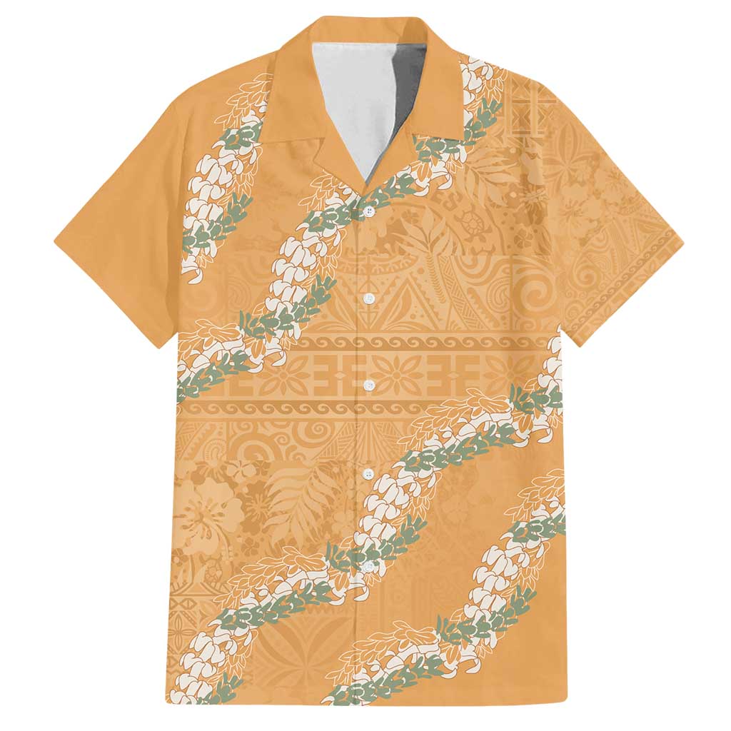 Aloha Pakalana and Puakenikeni Lei Family Matching Off Shoulder Short Dress and Hawaiian Shirt Gold Hawaiian Pattern LT9 Dad's Shirt - Short Sleeve Gold - Polynesian Pride