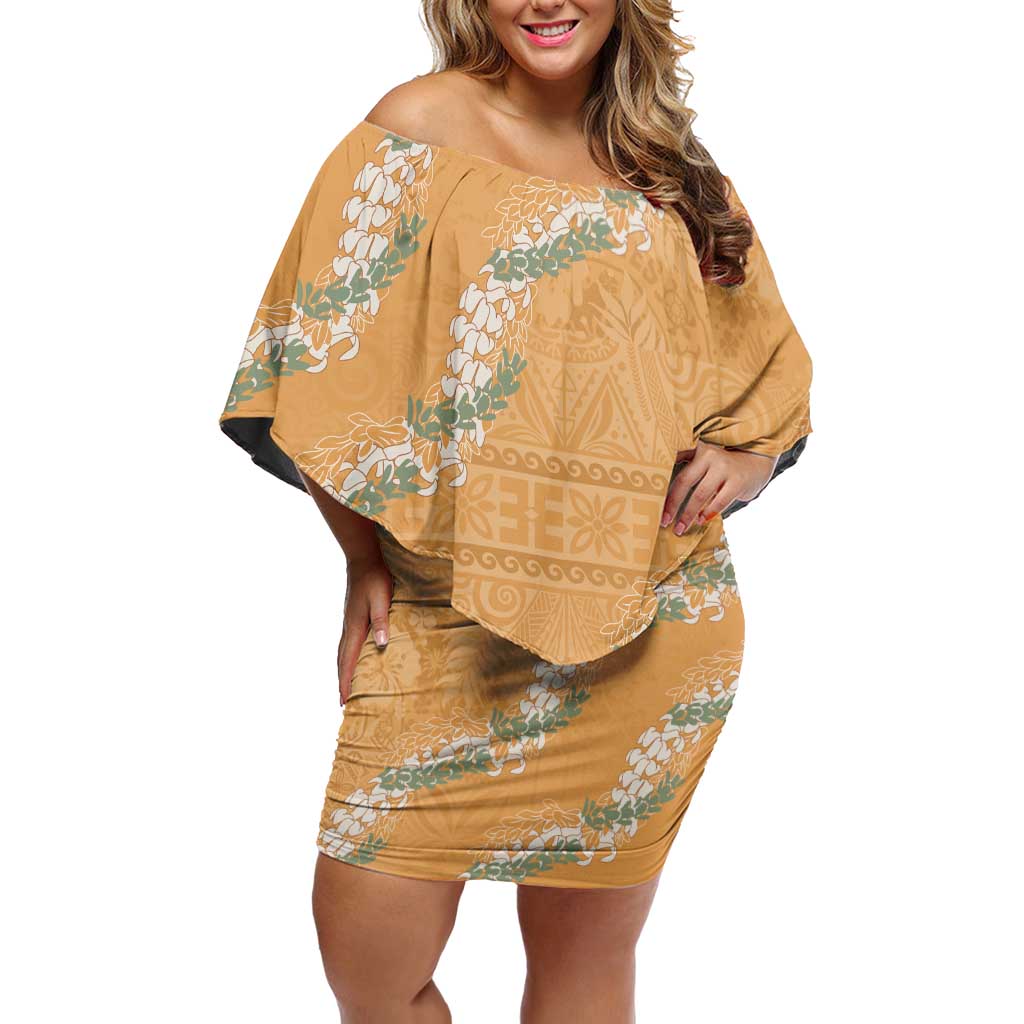 Aloha Pakalana and Puakenikeni Lei Family Matching Off Shoulder Short Dress and Hawaiian Shirt Gold Hawaiian Pattern LT9 Mom's Dress Gold - Polynesian Pride