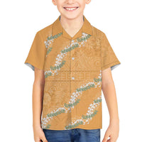 Aloha Pakalana and Puakenikeni Lei Family Matching Off Shoulder Short Dress and Hawaiian Shirt Gold Hawaiian Pattern LT9 Son's Shirt Gold - Polynesian Pride