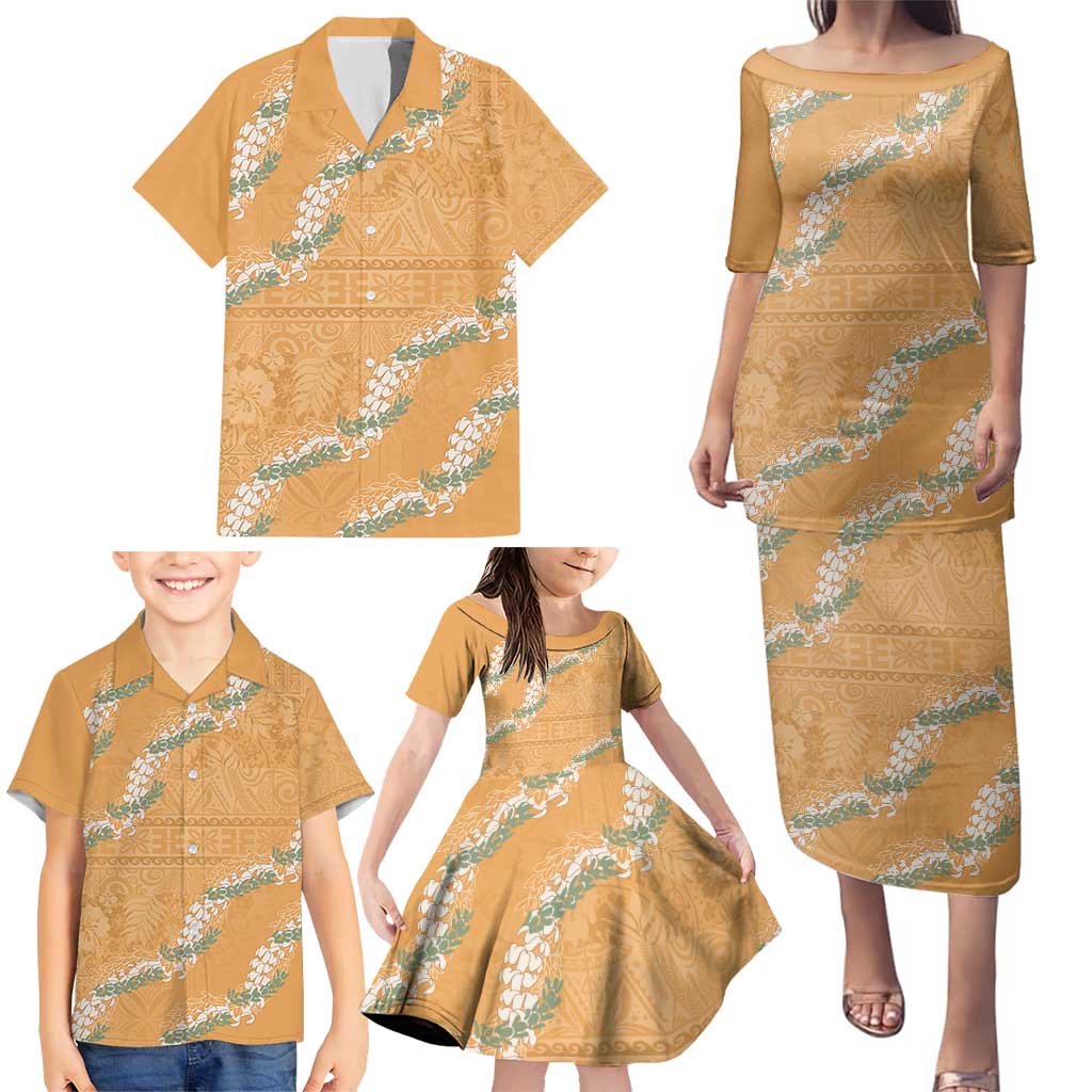 Aloha Pakalana and Puakenikeni Lei Family Matching Puletasi and Hawaiian Shirt Gold Hawaiian Pattern